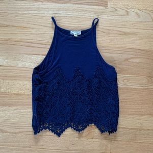 Navy Blue Lace High Neck Tank Top